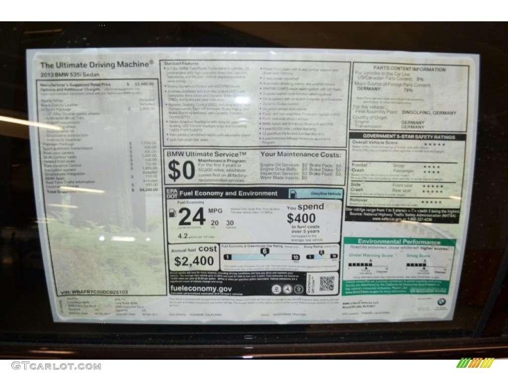 2013 BMW 5 Series 535i Sedan Window Sticker Photo #77243603