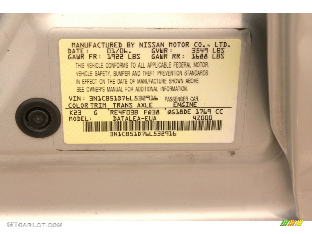 2006 Nissan Sentra 1.8 S Special Edition Color Code Photos
