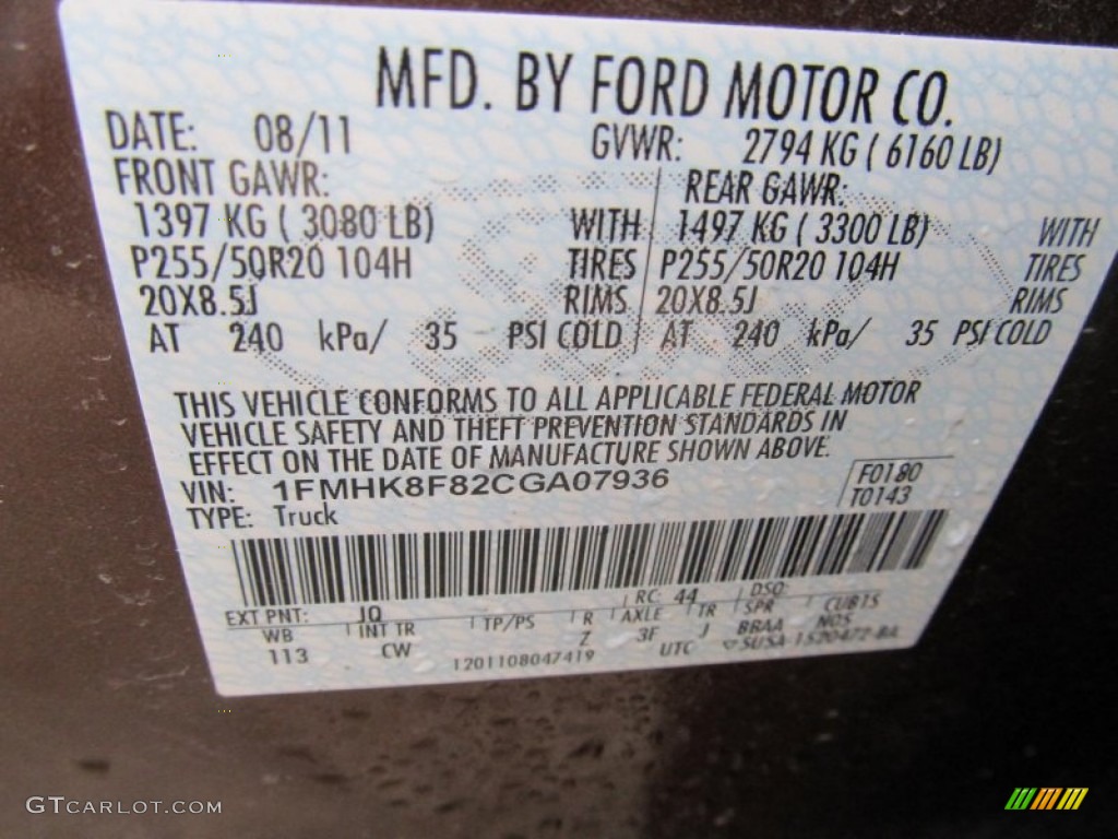 2012 Ford Explorer Limited 4WD Color Code Photos