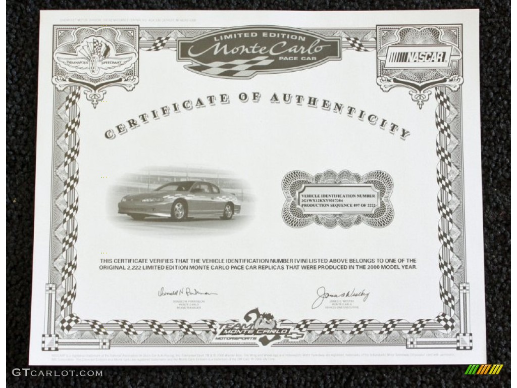 2000 Chevrolet Monte Carlo Limited Edition Pace Car SS Info Tag Photo #77282546