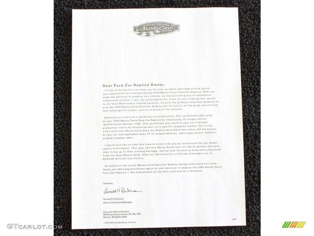 2000 Chevrolet Monte Carlo Limited Edition Pace Car SS Info Tag Photo #77282570