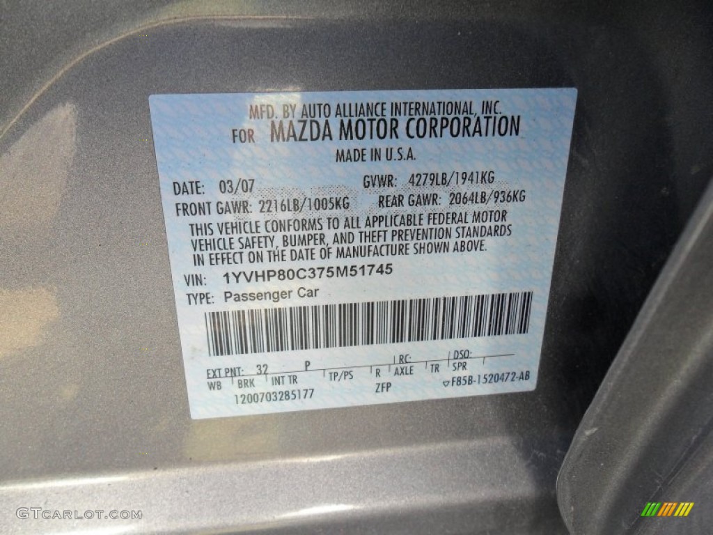 2007 MAZDA6 Color Code 32P for Tungsten Gray Metallic Photo #77288181