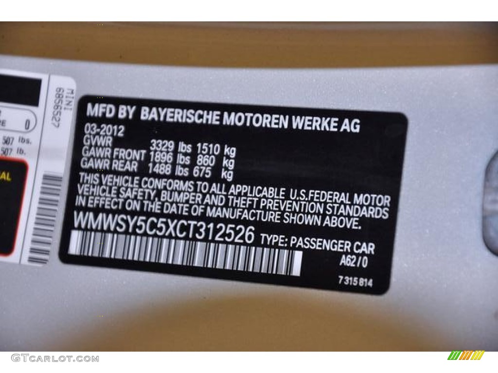 2012 Cooper Color Code A62 for White Silver Metallic Photo #77293934