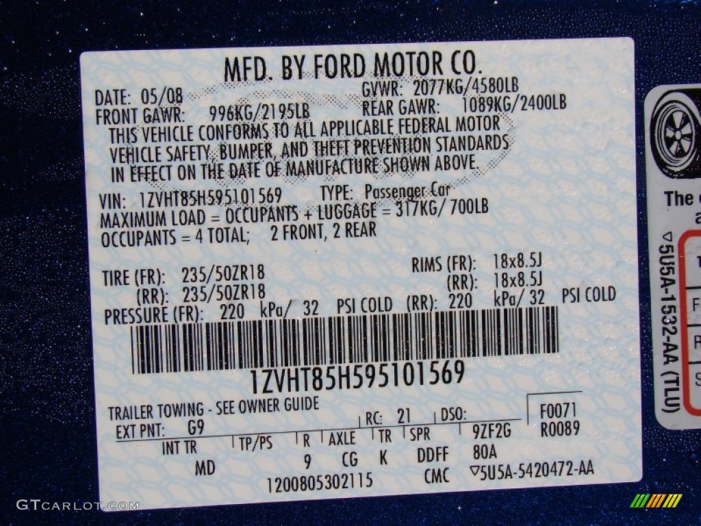 2009 Mustang Color Code G9 for Vista Blue Metallic Photo #77296992