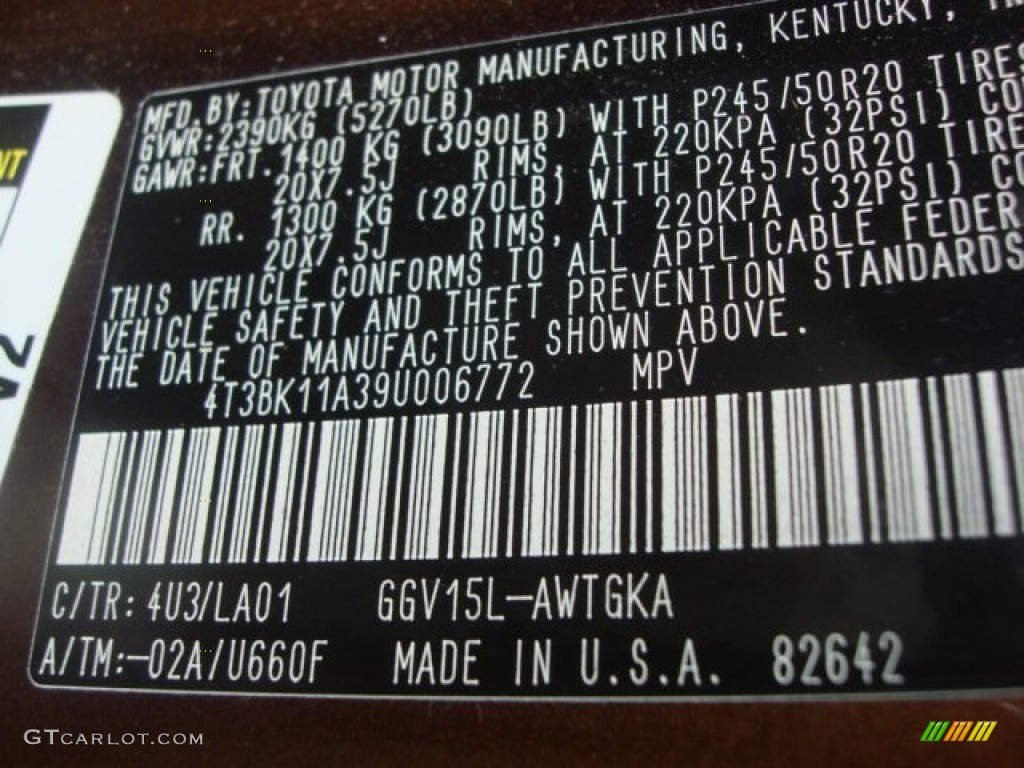 2009 Venza Color Code 4U3 for Sunset Bronze Mica Photo #77300322