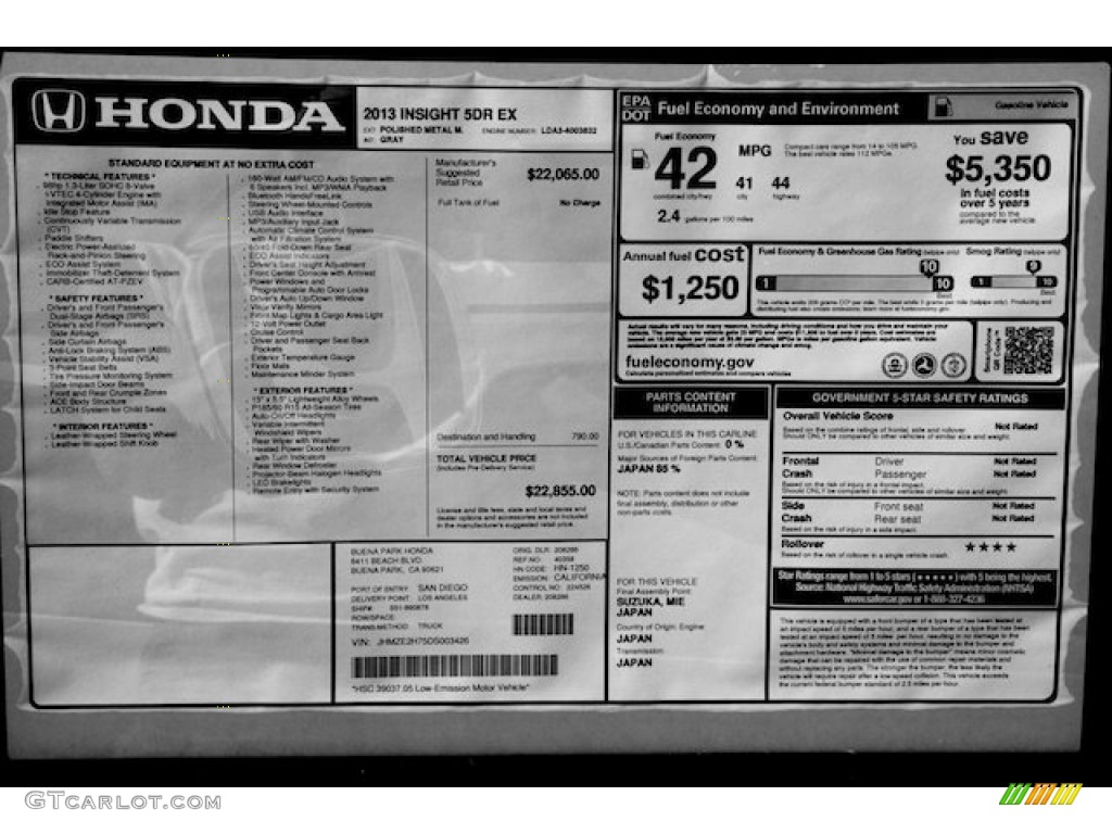 2013 Honda Insight EX Hybrid Window Sticker Photo #77358277