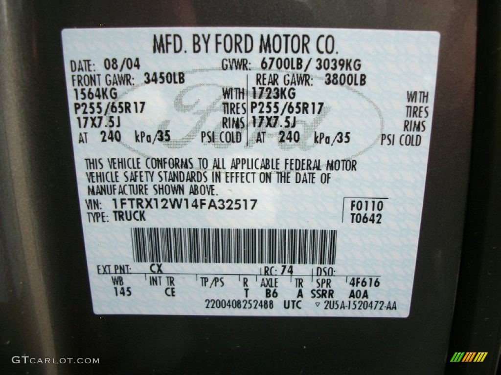 2004 Ford F150 STX SuperCab Color Code Photos