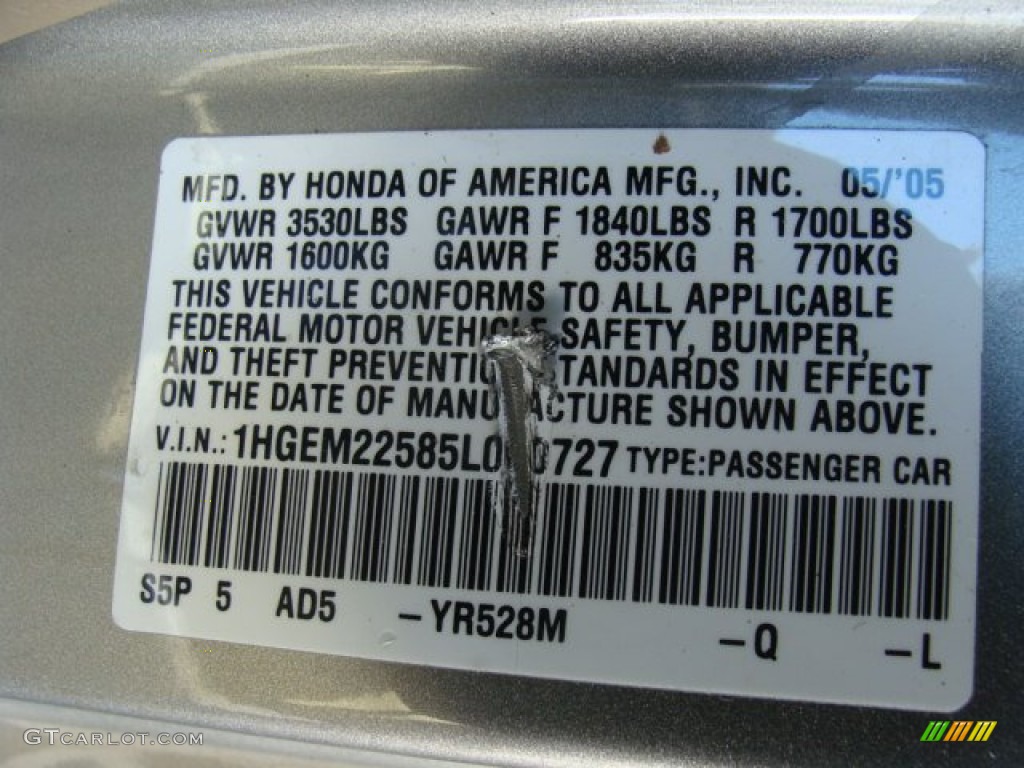 2005 Honda civic silver paint code