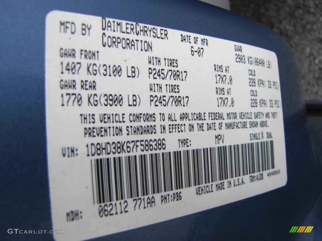 2007 Durango Color Code PB6 for Marine Blue Pearl Photo #77399778