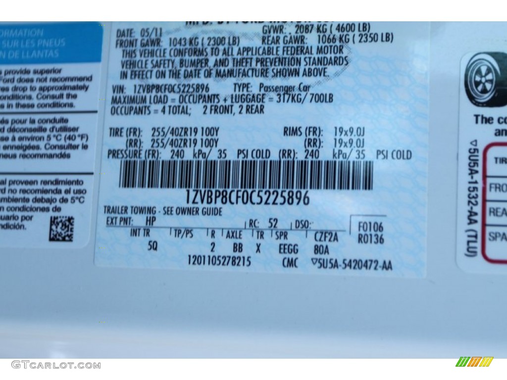 2012 Mustang Color Code HP for Performance White Photo #77402139