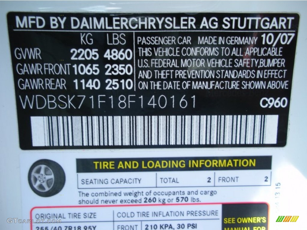 2008 SL Color Code 960 for Alabaster White Photo #77403735