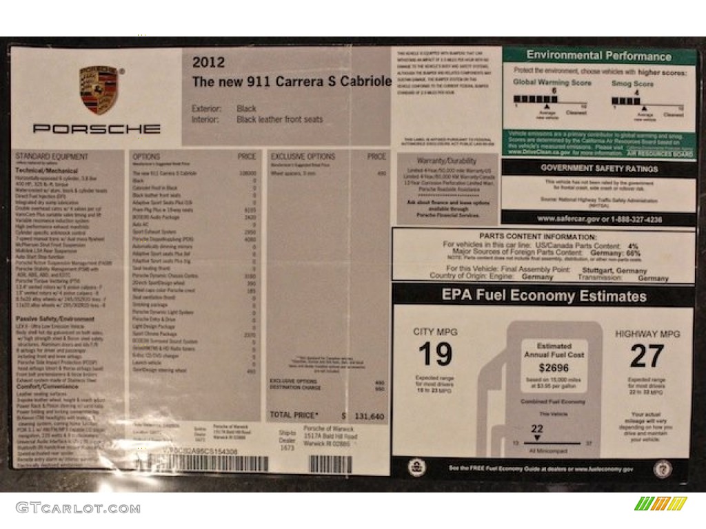 2012 Porsche New 911 Carrera S Cabriolet Window Sticker Photo #77417636