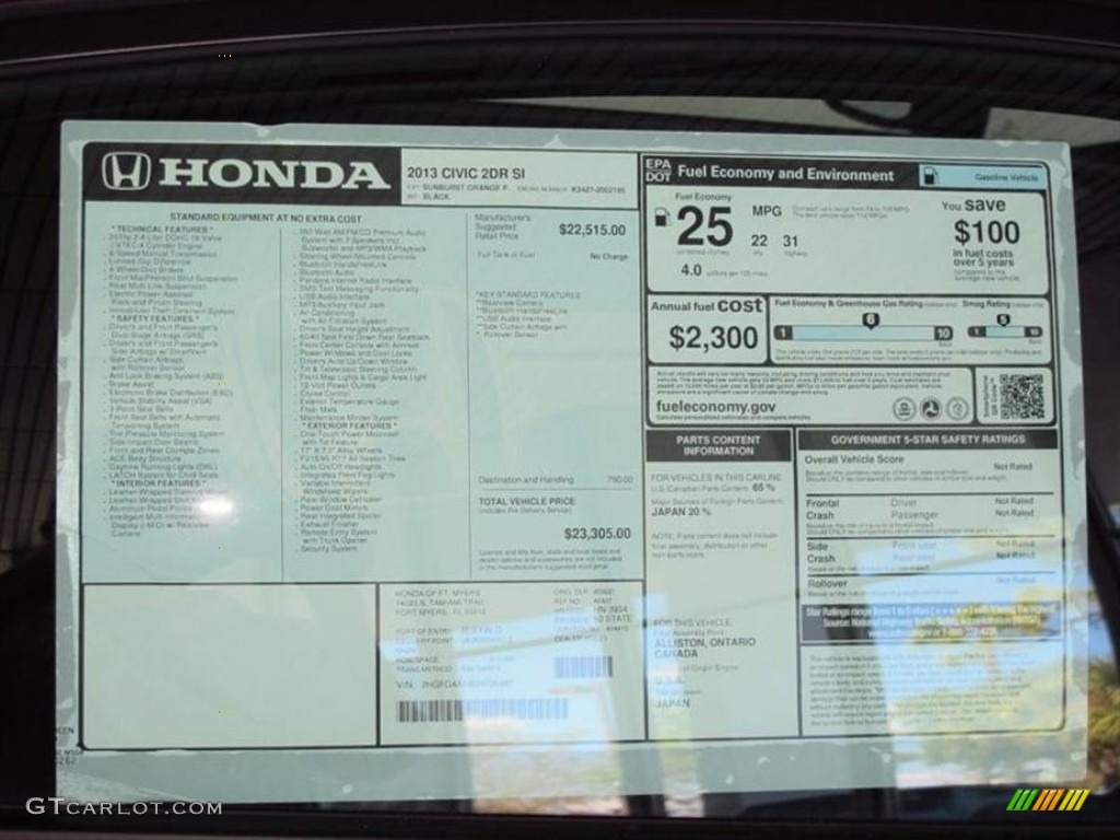 2013 Honda Civic Si Coupe Window Sticker Photo #77427738