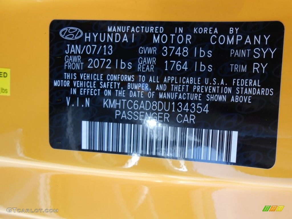 2013 Veloster Color Code SYY for 26.2 Yellow Photo #77432520