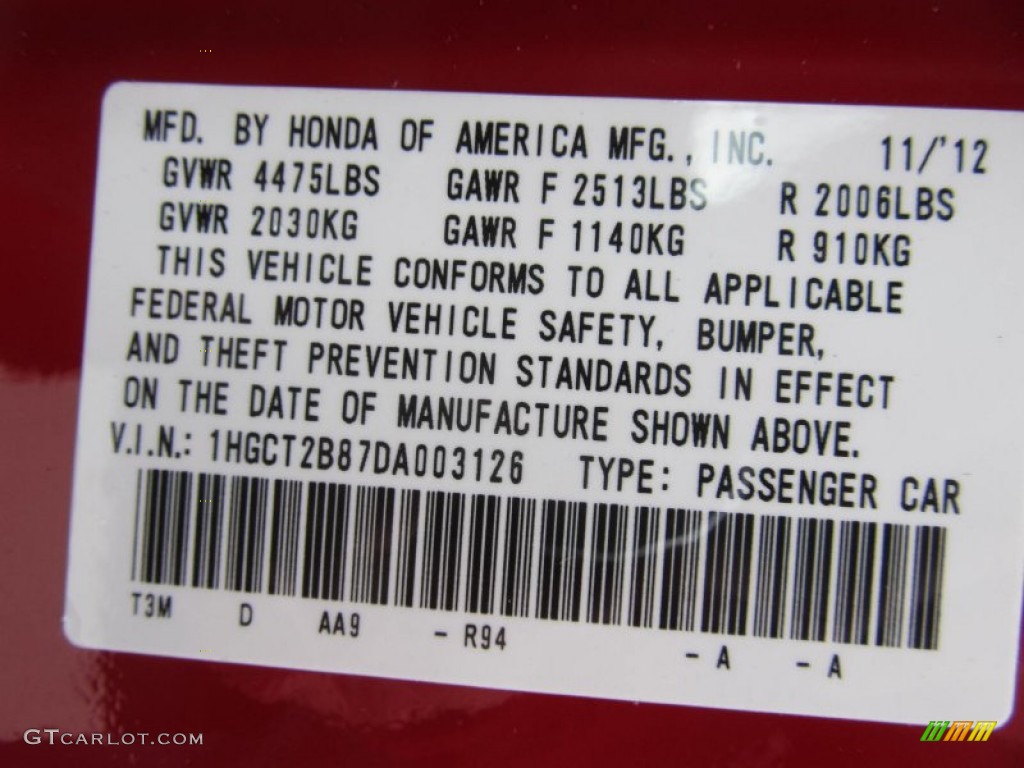 2013 Accord Color Code R94 for San Marino Red Photo #77435949