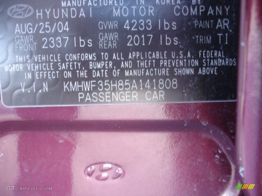 2005 Hyundai Sonata GLS V6 Color Code Photos