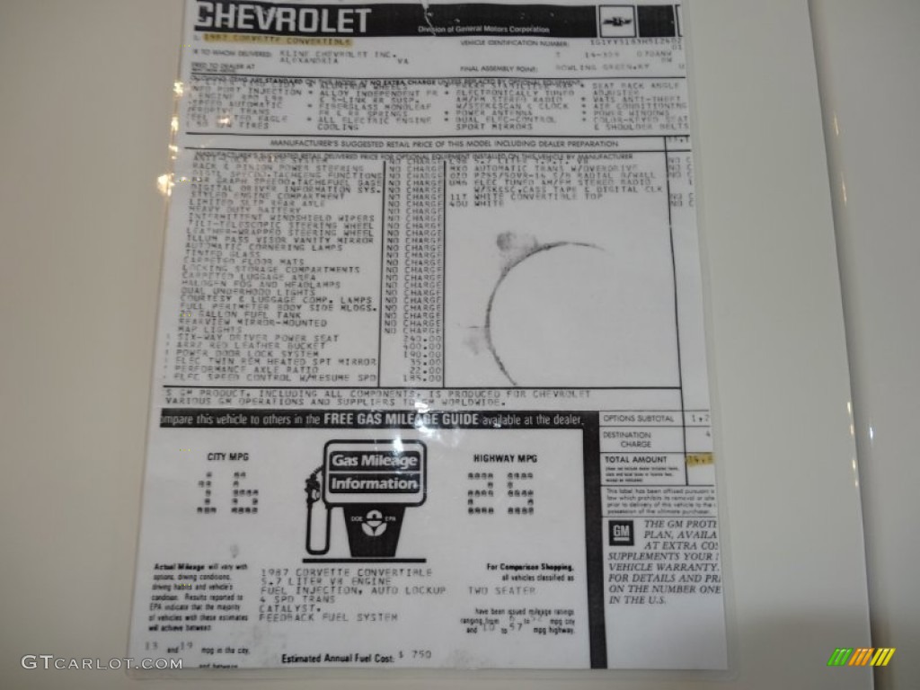 1987 Chevrolet Corvette Convertible Window Sticker Photo #77438036