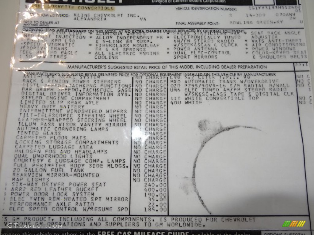 1987 Chevrolet Corvette Convertible Window Sticker Photo #77438055