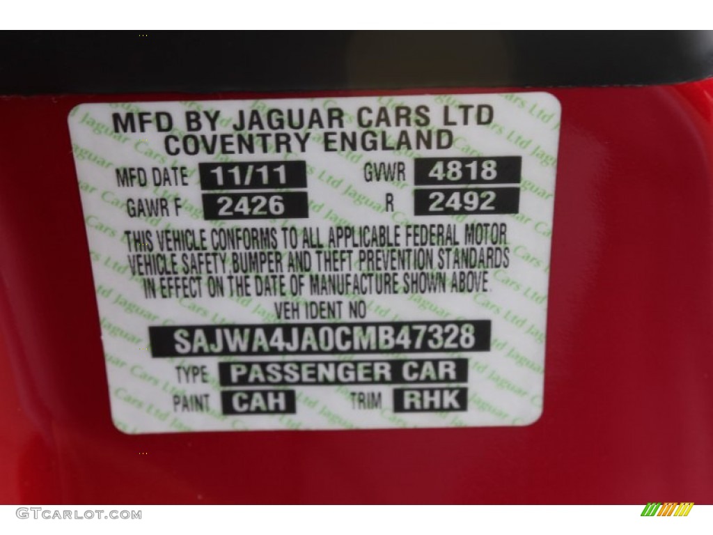 2012 XK Color Code CAH for Italian Racing Red Metallic Photo #77447504