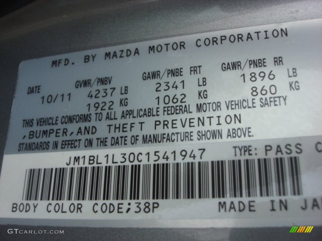 2012 MAZDA3 Color Code 38P For Liquid Silver Metallic Photo 77459299 
