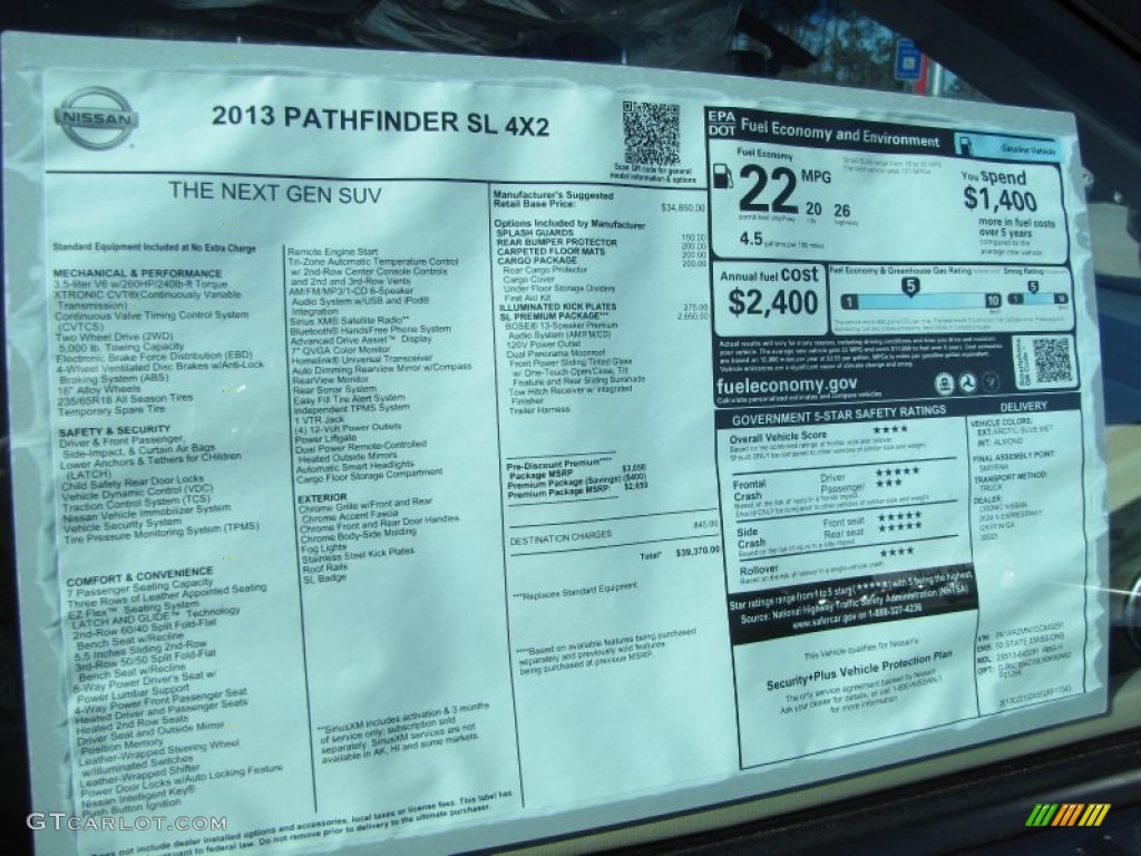2013 Nissan Pathfinder SL Window Sticker Photo #77478200