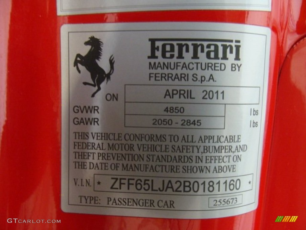 2011 Ferrari California Standard California Model Info Tag Photo #77478998