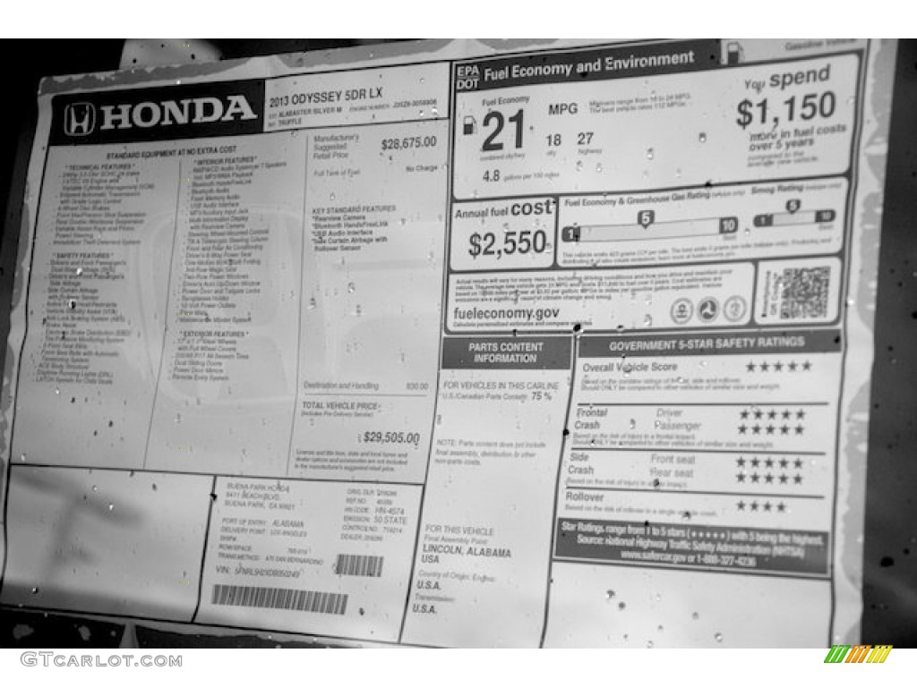 2013 Honda Odyssey LX Window Sticker Photo #77498021