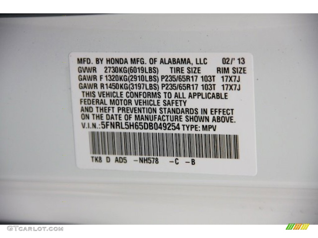 2013 Odyssey Color Code NH578 for Taffeta White Photo #77500701