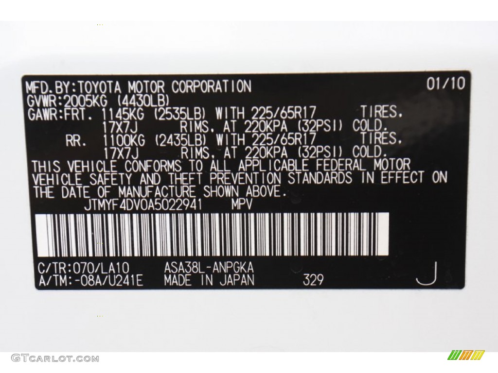 2010 RAV4 Color Code 070 for Blizzard White Pearl Photo #77510459