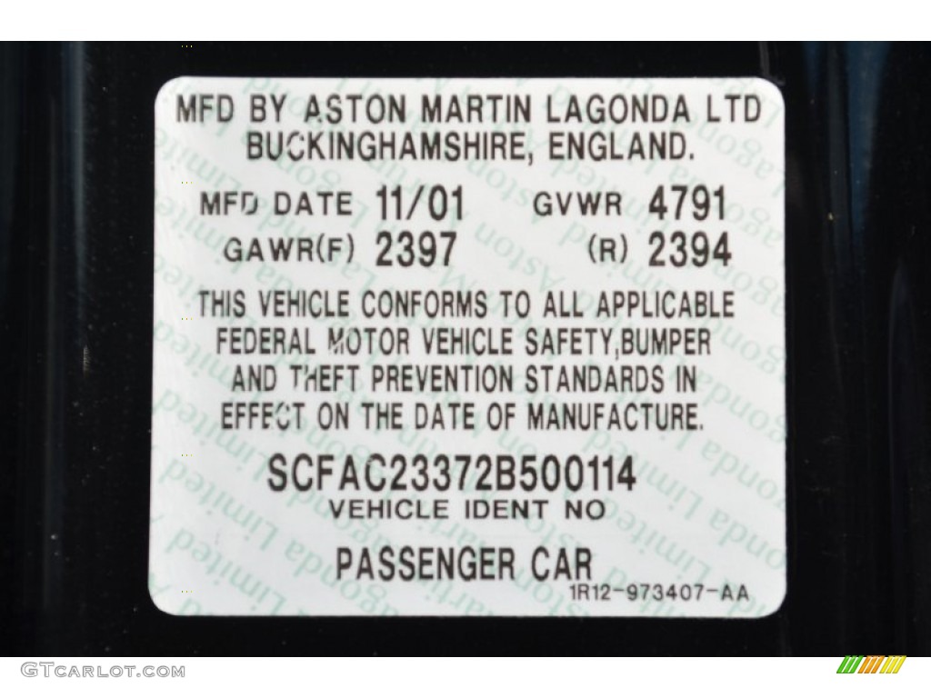 2002 Aston Martin Vanquish Standard Vanquish Model Info Tag Photos