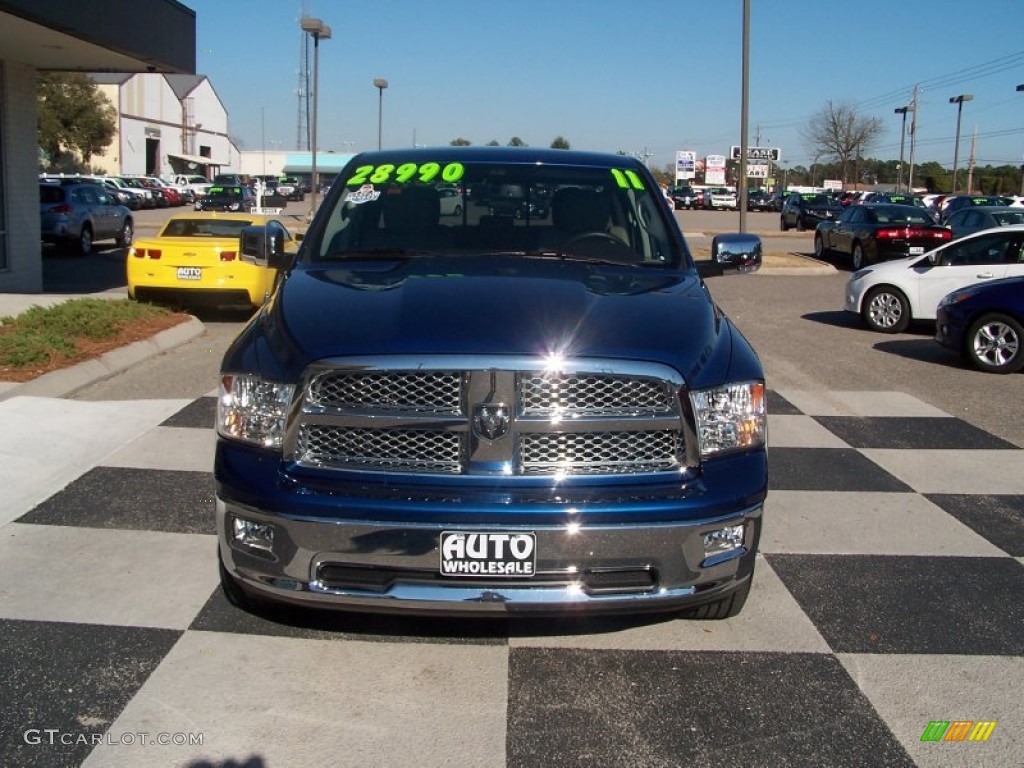 2011 Ram 1500 Laramie Crew Cab - Deep Water Blue Pearl / Light Pebble Beige/Bark Brown photo #2