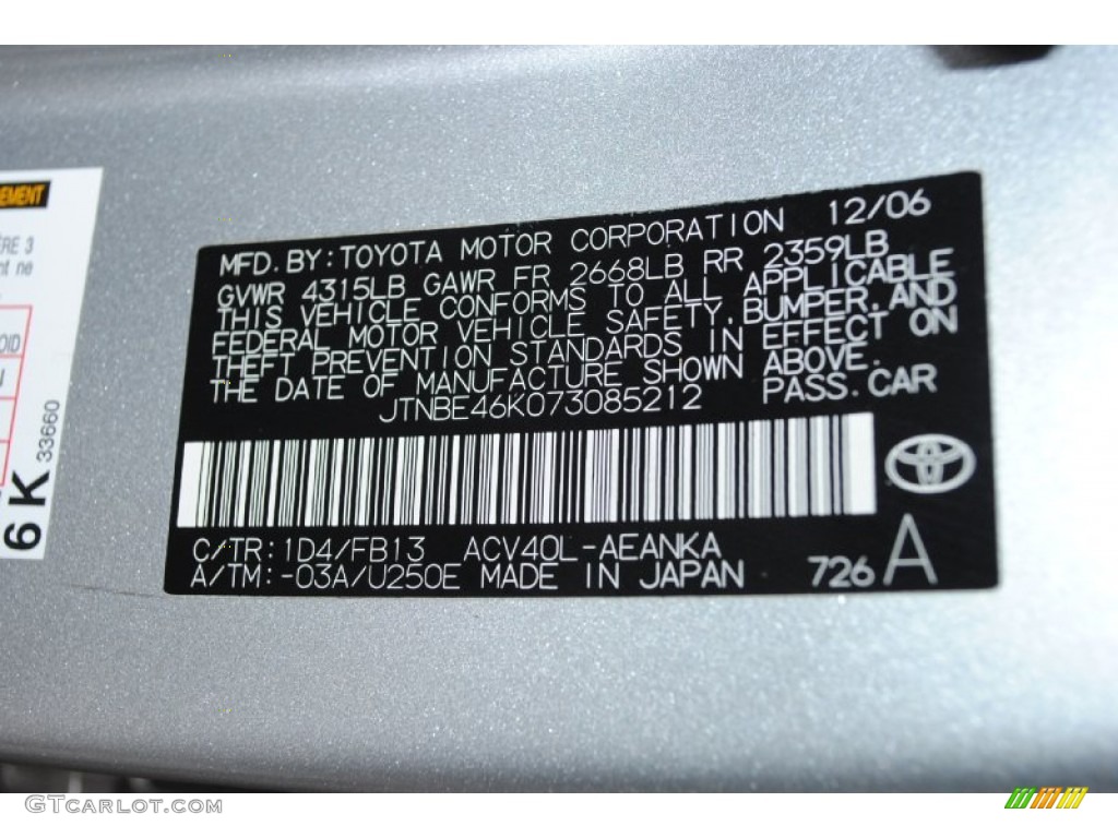 1D4 2007 Toyota Camry CE Parts