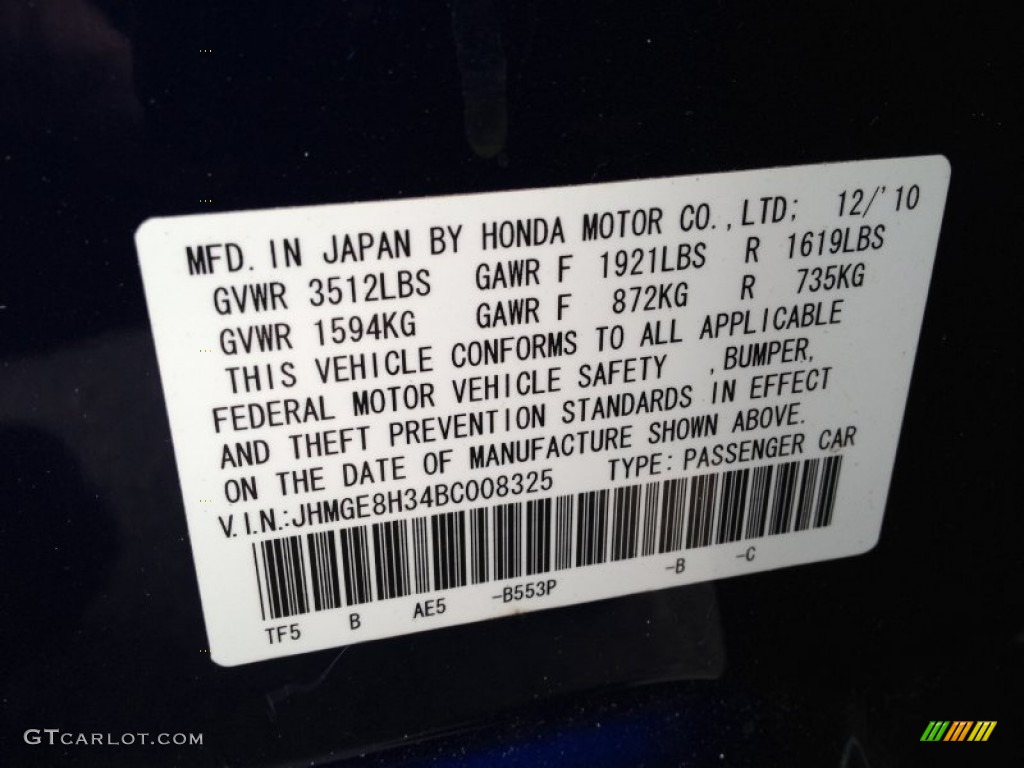 2011 Fit Color Code B553P for Vortex Blue Pearl Photo #77556402