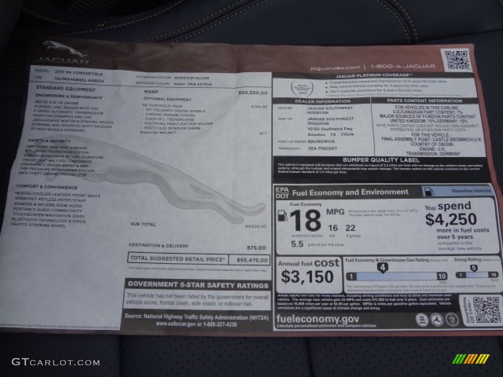 2013 Jaguar XK XK Convertible Window Sticker Photo #77559768