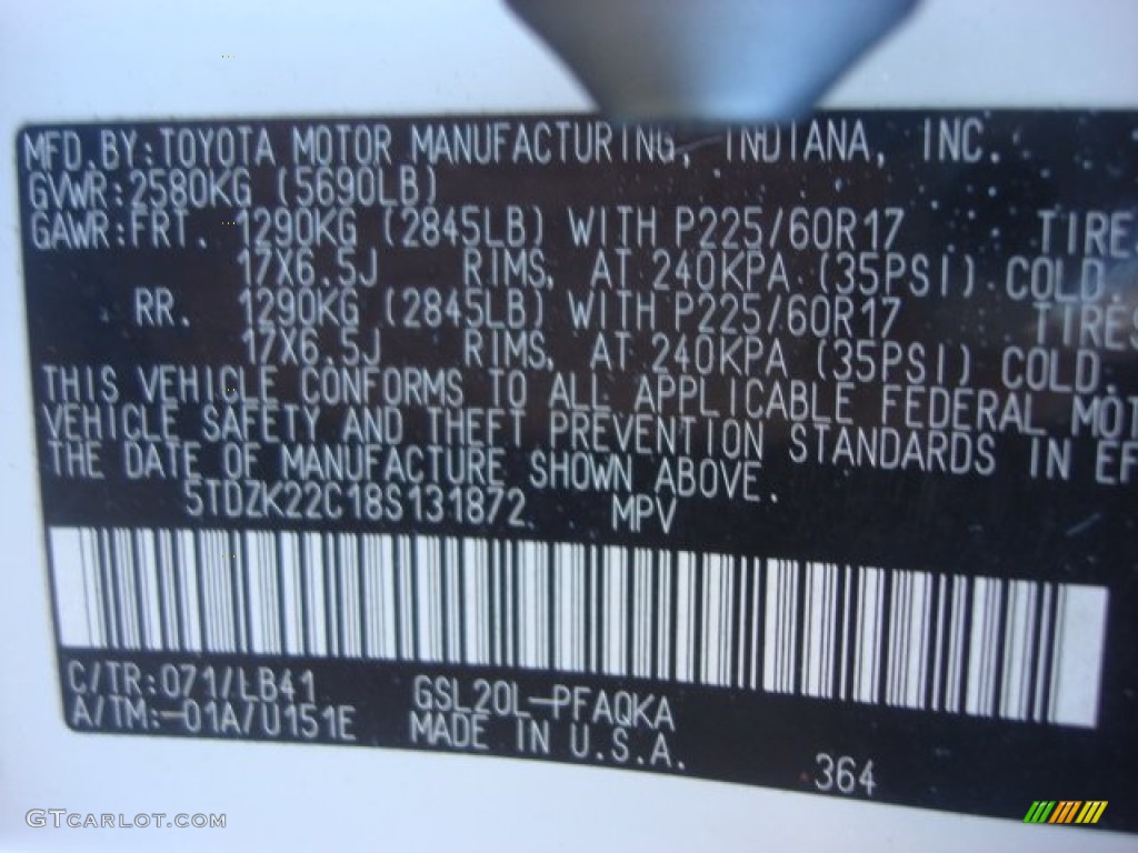 2008 Sienna Color Code 071 for Arctic Frost Pearl Photo #77568786