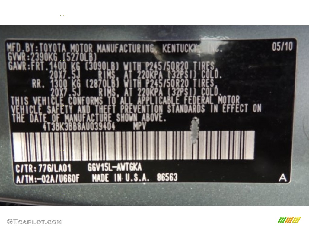 2010 Venza Color Code 776 for Aloe Green Metallic Photo #77572788