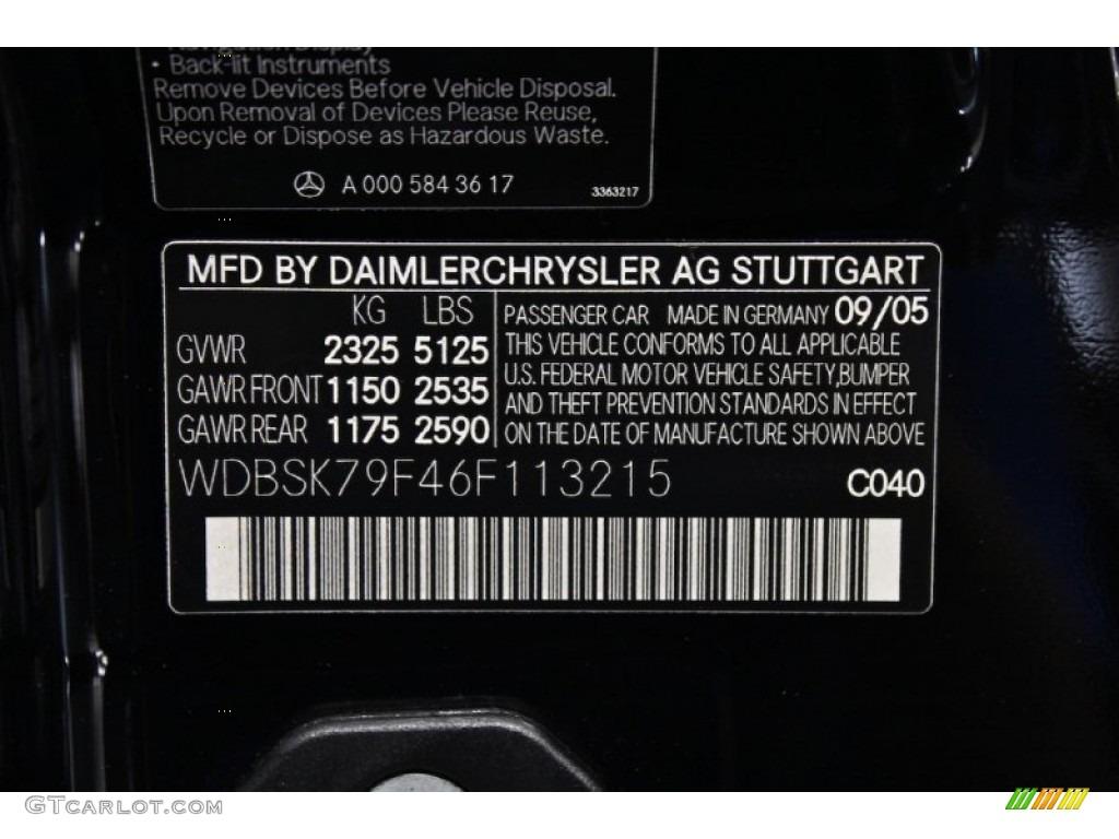 2006 Mercedes-Benz SL 65 AMG Roadster Color Code Photos