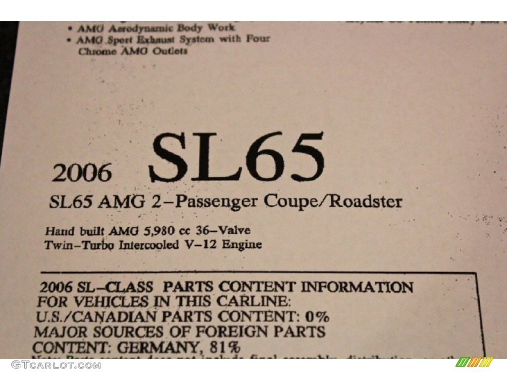 2006 Mercedes-Benz SL 65 AMG Roadster Window Sticker Photo #77573000