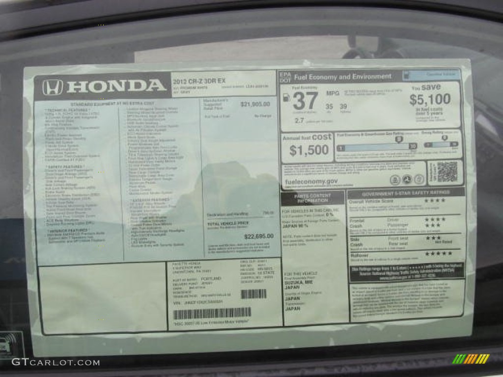 2012 Honda CR-Z EX Sport Hybrid Window Sticker Photo #77579206