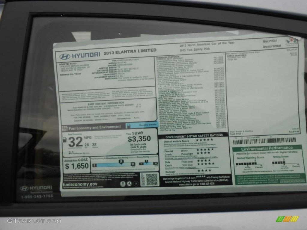 2013 Elantra Limited - Blue Sky Metallic / Beige photo #37