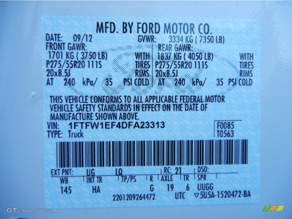 2013 F150 Color Code UG for White Platinum Metallic Tri-Coat Photo #77589918