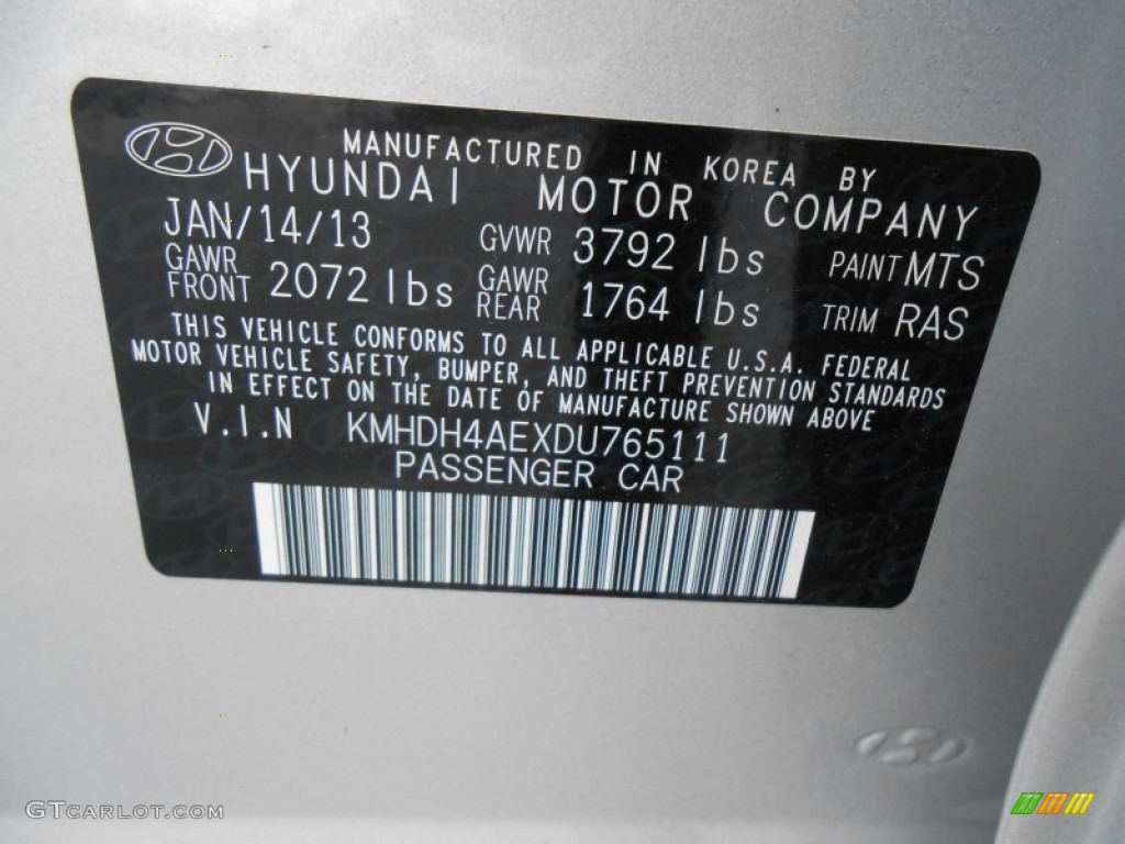 2013 Elantra Color Code MTS for Shimmering Air Silver Photo #77590014
