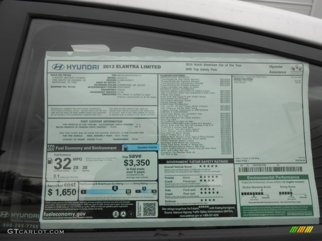 2013 Hyundai Elantra Limited Window Sticker Photo #77590036