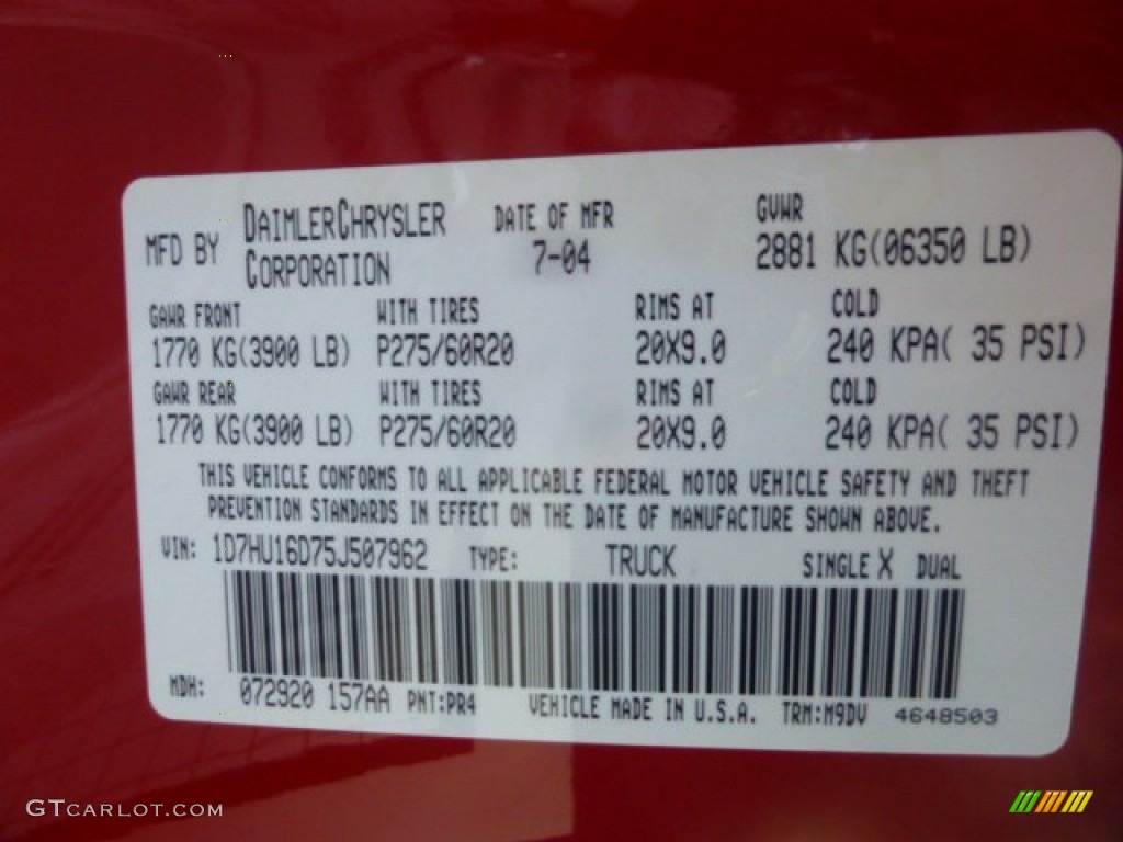 2005 Ram 1500 Color Code PR4 for Flame Red Photo #77591346