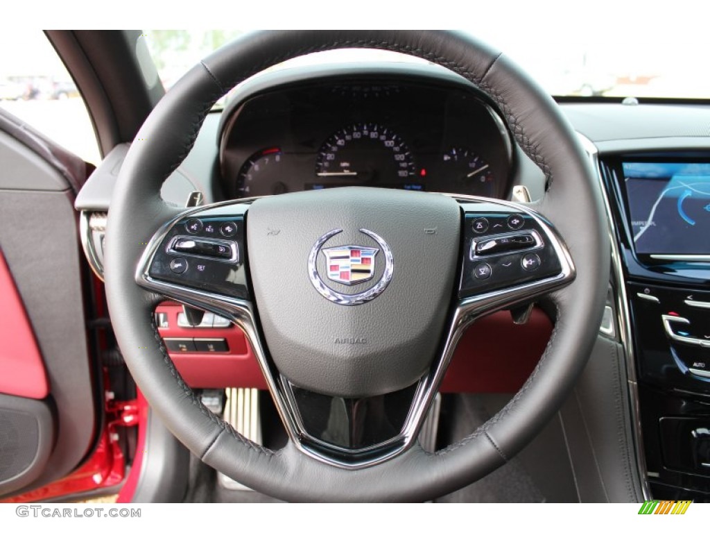 2013 Cadillac ATS 2.0L Turbo Premium Morello Red/Jet Black Accents Steering Wheel Photo #77597103