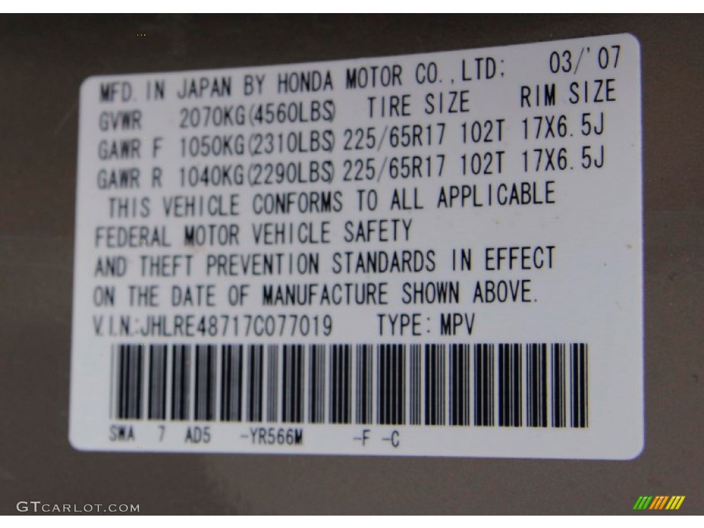 2007 Honda CR-V EX-L 4WD Color Code Photos