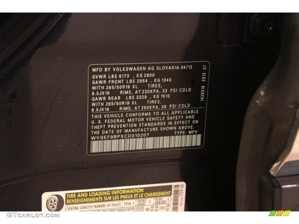 2012 Volkswagen Touareg VR6 FSI Lux 4XMotion Info Tag Photos