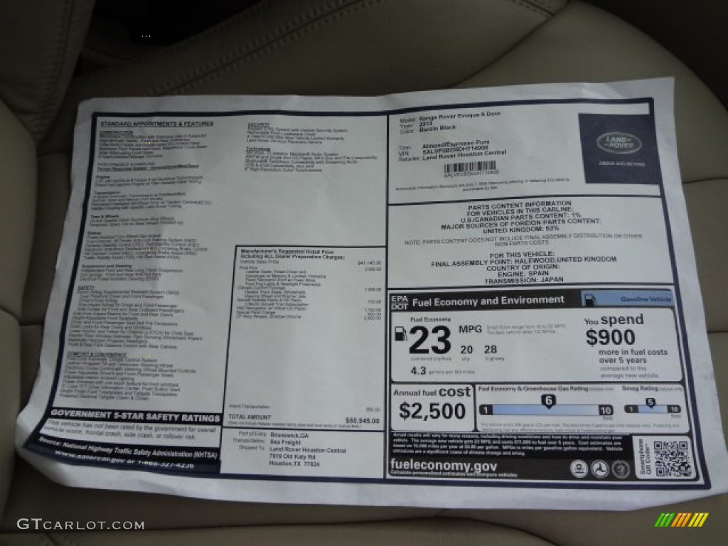 2013 Land Rover Range Rover Evoque Pure Window Sticker Photo #77620721