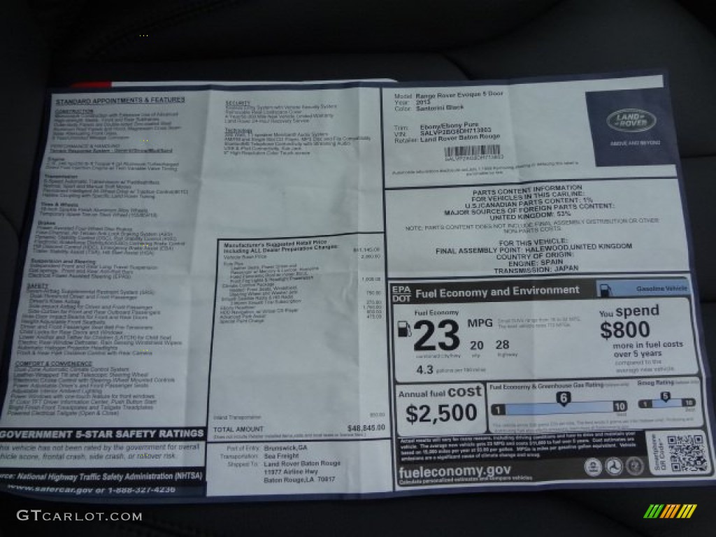 2013 Land Rover Range Rover Evoque Pure Window Sticker Photo #77621764