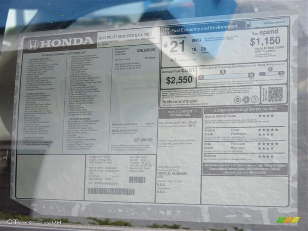 2013 Honda Pilot EX-L Window Sticker Photo #77629763